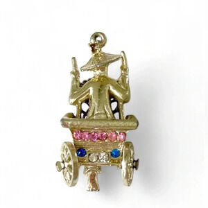 Vintage Asian Rickshaw Wheel Cart Man Gold Tone Rhinestone Pendant for Necklace